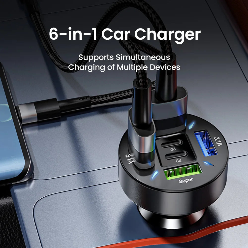 6 Ports 66W Car Charger PD QC3.0 USB Type C Super Fast Charging Adapter For iphone Samsung Huawei Xiaomi